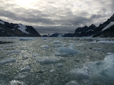 Figuur 2. Overblijfselen van afkalvende gletsjers in Hornsund, Spitsbergen. Bron:  R. Bintanja.