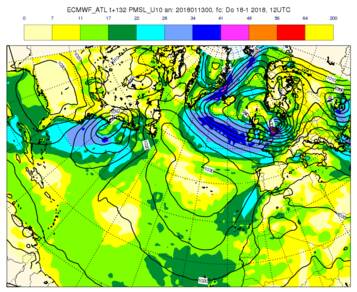 Berekeningen van het ECMWF computermodel van 13 januari voor 18 januari. Contouren zijn lijnen van gelijke luchtdruk (hPa) en kleuren windsnelheid (knopen). Ligging en sterkte van de storm boven Nederland komen goed overeen met de werkelijke storm.