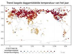 Figuur 2: trend in de temperatuur van de koudste dag van het jaar als veelvoud van de wereldgemiddelde opwarming. Bron: NOAA/NCEI/GHCN-D stations met minimaal 50 jaar data.