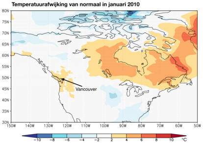 Figuur 2: Temperatuurafwijking in januari 2010, voorafgaand aan de Winterspelen in Vancouver. Data: Merra reanalysis. 