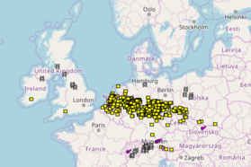 Figuur 2: Windschademeldingen (geel) op 18 januari 2018 in de European Severe Weather Database.