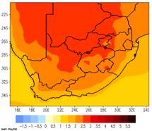 Verwachte temperatuur tegen het einde van de eeuw (ten opzichte van 1976-2005), bij een relatief gunstig broeikasgasuitstootscenario.  