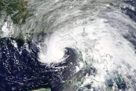 Subtropische storm Alberto, de eerste van het seizoen 2018, op 27 mei in de Golf van Mexico. Bron: Nasa Worldview.