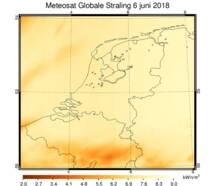 Figuur 2. Satellietmeting van de totale inkomende straling op 6 juni 2018. Heel Nederland was deze gehele dag praktisch onbewolkt