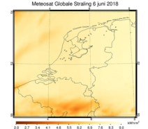 Figuur 2. Satellietmeting van de totale inkomende straling op 6 juni 2018. Heel Nederland was deze gehele dag praktisch onbewolkt