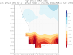 Figuur 2. Trend in de stationswaarnemingen van neerslag 1901–2016. Bron: CRU TS 4.01.