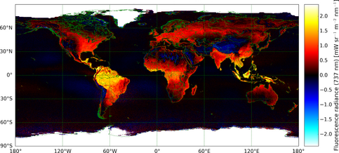 Fig. 2. Fluorescentie gezien vanuit de ruimte. Dit 2007-2016-gemiddelde is gemeten met de GOME-2 spectrometer, die elke dag de gehele aarde ziet. Tropische regenwouden, de ‘longen van de aarde’, zijn duidelijk zeer actief (geel). Bron: KNMI/ACSAF/EUMETSAT