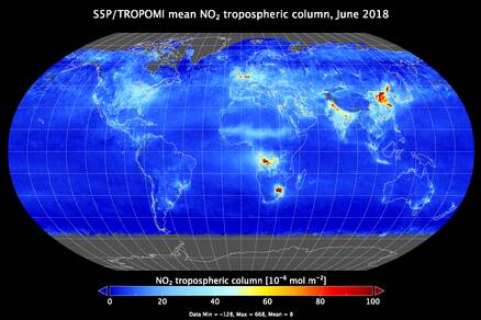 Beeld van stikstofdioxide in de wereld gemiddeld over juni 2018.
