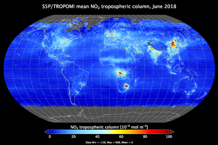 Beeld van stikstofdioxide in de wereld gemiddeld over juni 2018.