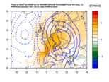 Composiet van warmste zomerse herfstdagen in de Bilt. Maximumtemperatuur (kleuren, Celsius) en luchtdruk aan de grond  (contouren, mbar) anomalie. (links: 2 dagen voorafgaand aan de zomerse dag; rechts: op de zomerse dag zelf). Data: ECMWF.