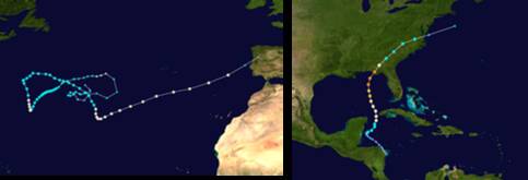 De paden van de orkanen Leslie (links) en Michael (rechts) 