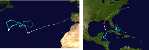 De paden van de orkanen Leslie (links) en Michael (rechts) 