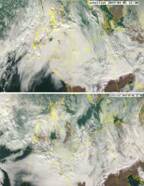 Satellietbeelden van zaterdag  5 en zondag 6 januari. Aan de noordzijde van de Alpen ontstaat stuwbewolking, aan de zuidzijde is het onbewolkt.