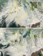Satellietbeelden van zaterdag  5 en zondag 6 januari. Aan de noordzijde van de Alpen ontstaat stuwbewolking, aan de zuidzijde is het onbewolkt.