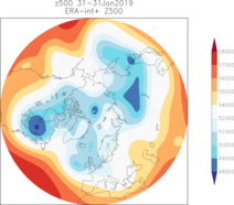Kaart van verwachte hoogte van het 500 hPa vlak (dm). De luchtstroming in de onderste 10 kilometer van de atmosfeer volgt ongeveer de lichte band die rond de pool slingert en brengt dus poollucht naar centraal Noord Amerika.