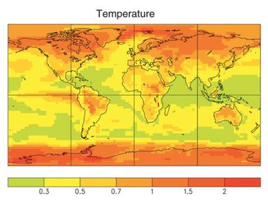 Wereldkaart van de standaard deviatie in ERA40 jaargemiddelde temperatuur. Jaar op jaar fluctuaties zijn het grootst in de poolgebieden en boven land.