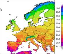 Kaart van de datum waarop de weekgemiddelde maximumtemperatuur gemiddeld voor het eerst boven de 15 graden uitkomt.  