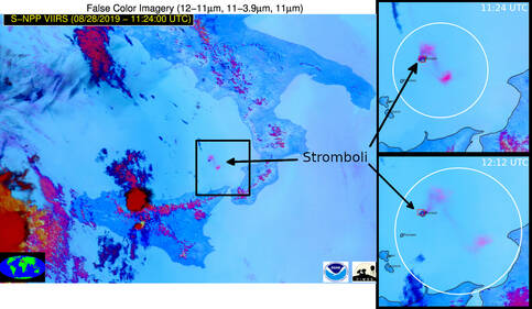 Satellietbeelden van de vulkaanuitbarsting op 28 augustus 2019