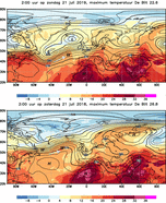 Figuur 2: Temperatuur op 850 hPa (1,5 km hoogte, kleuren) en hoogte van het 500 hPa drukvlak (5 km hoogte, lijnen), boven 2019, onder 2018. Wind waait langs de hoogtelijnen, hoe meer lijnen, hoe harder. L=lagedrukgebied, H=hogedrukgebied, W=warme sector.