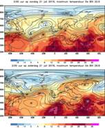 Figuur 2: Temperatuur op 850 hPa (1,5 km hoogte, kleuren) en hoogte van het 500 hPa drukvlak (5 km hoogte, lijnen), boven 2019, onder 2018. Wind waait langs de hoogtelijnen, hoe meer lijnen, hoe harder. L=lagedrukgebied, H=hogedrukgebied, W=warme sector.