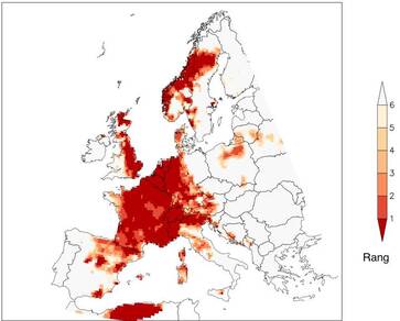 kaart met Rangorde van de hoogste drie-daags gemiddelde daggemiddelde temperatuur in Europa