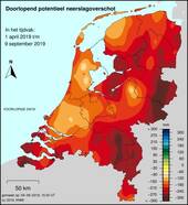 Kaart van het doorlopend potentieel neerslagoverschot (neerslag min verdamping) in het tijdvak 1 april t/m 9 september 2019.
