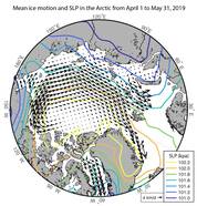 Kaart van windgedreven zee-ijsdrift tijdens de zomer van 2019.