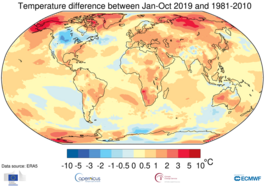  Figuur 2. Luchttemperatuurverschil tussen 2019 (jan t/m okt) en het gemiddelde van 1981–2010. Om tot de pre-industriële waarde te komen, dient er 0,6 °C bij opgeteld te worden. Bron: ECMWF ERA5 data, Copernicus Climate Change Service. 