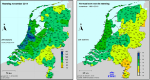 Kaart met neerslag in november 2019 en met de normale hoeveelheid neerslag in november (rechts).