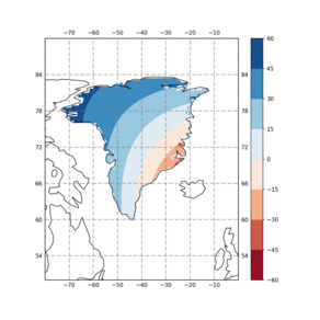 Figuur 2: De gevolgen aan de Nederlandse kust van het verdwijnen van ijs in verschillende delen van de Groenlandse ijskap, in procenten van de wereldgemiddelde zeespiegelstijging (Data: Mitrovica et al. 2018).