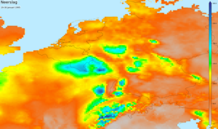 Kaart van neerslagsom 19-30 januari in stroomgebieden Maas en Rijn   