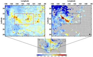 : Het gemiddelde van de metingen boven Texas (links) vergeleken met een meting op 1 dag, 31 januari 2019 (rechts) (Bron: De Gouw et al., 2020)