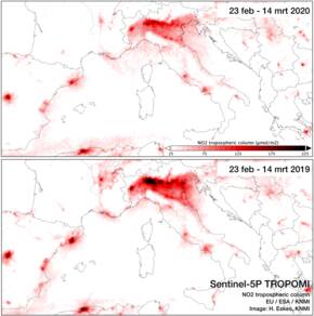 Kaart van de concentraties NO2 in Italië in de periode 23 februari tot en met 14 maart in 2019 vergeleken met dezelfde periode in 2020. 