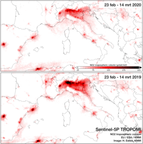 Kaart van de concentraties NO2 in Italië in de periode 23 februari tot en met 14 maart in 2019 vergeleken met dezelfde periode in 2020. 