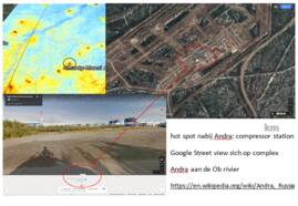 Google Earth zoom op NO2 hot spot uit figuur 1 (Andra, aan de Ob rivier). De hot spot ligt exact boven een gascompressor complex, net zoals bij alle andere hot spots uit figuur 1.