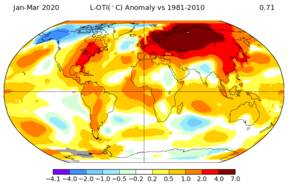 Temperatuurverschil tussen januari t/m maart 2020 en het gemiddelde van 1981–2010. Om tot de pre-industriële waarde te komen (waar het IPCC-rapport mee rekent), dient er 0,6 °C bij opgeteld te worden. Bron: NASA GISTEMP.
