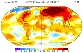 Temperatuurverschil tussen januari t/m maart 2020 en het gemiddelde van 1981–2010. Om tot de pre-industriële waarde te komen (waar het IPCC-rapport mee rekent), dient er 0,6 °C bij opgeteld te worden. Bron: NASA GISTEMP.