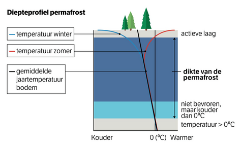 Figuur van verticaal temperatuurprofiel in permafrost. 
