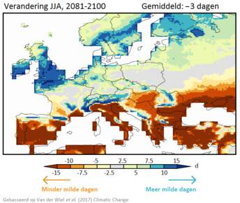 Figuur 2: Verandering van het aantal mooiweerdagen in de zomermaanden juni-juli-augustus aan het eind van de eeuw (2081-2100 t.o.v. 1986-2005, middenscenario voor broeikasgasuitstoot RCP4.5, GFDL HiFLOR klimaatmodel). 