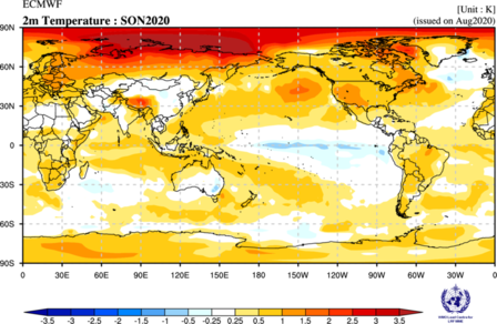 Figuur 2: Verwachte afwijking van de gemiddelde temperatuur op 2 meter tussen september en november 2020 ten opzichte van de referentieperiode 1993-2009.  Bron: ECMWF.