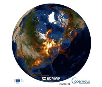 Figuur 2. Aerosol optische dikte die de verspreiding van door de branden veroorzaakte rookpluimen tot ver in de Arctische Oceaan laat zien. Bron: CAMS.