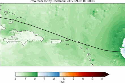Het windveld (m/s) van orkaan Irma (september 2017) op haar pad langs de Caribische eilanden, zoals gesimuleerd met het hoge-resolutie model Harmonie/HCLIM. Oranje/rode kleuren geven snelheden boven orkaankracht aan. © KNMI.