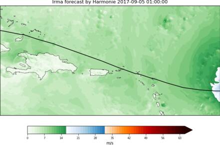 Het windveld (m/s) van orkaan Irma (september 2017) op haar pad langs de Caribische eilanden, zoals gesimuleerd met het hoge-resolutie model Harmonie/HCLIM. Oranje/rode kleuren geven snelheden boven orkaankracht aan. © KNMI.