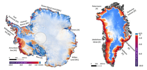 Regionale verschillen in afsmelting en aangroei op de ijskappen van Antarctica en Groenland tussen 1992 en 2017.