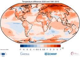 Temperatuurverschil (lucht op 2m hoogte) tussen 2020 en het langjarig gemiddelde van 1981-2010. Het noorden van Siberië is 6 °C warmer dan gemiddeld.