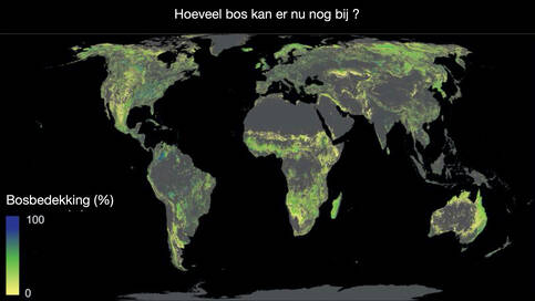 wereldkaart met daadwerkelijke ruimte voor herbebossing door van figuur 1 ruimte nu in gebruik voor steden, bos en landbouw af te trekken