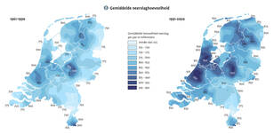 kaarten van nederland met vergelijking gemiddelde neerslaghoeveelheid in 1991-2020 en 1961-1990