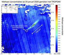 TROPOMI gemeten methaanconcentraties op 4 januari 2020 nabij de stad Hassi Messaoud in Algerije.