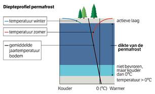 illustratie verticaal temperatuurprofiel in permafrost.