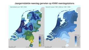 Gemiddelde neerslag in Nederland 1961-1990 en de toename tov 1961-1990